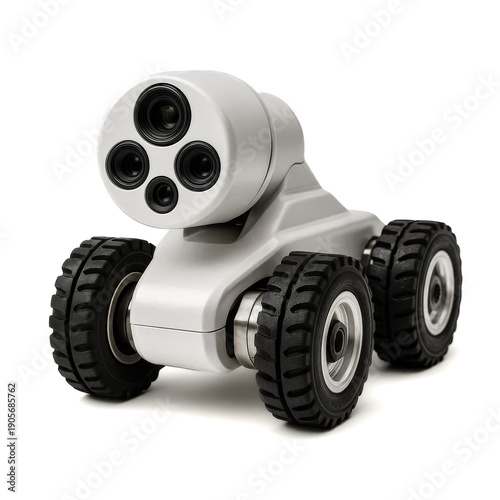 Autonomous industrial robot transporting materials in smart factory isolated on white background