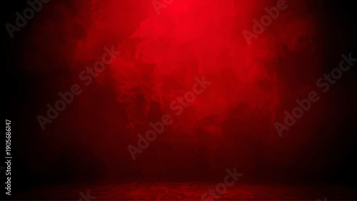 A dramatic, dark red spotlight illuminates an empty studio space.