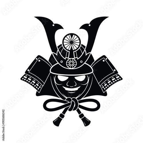 Traditional Japanese Samurai Kabuto Helmet and Menpo Mask Vector Illustration, featuring intricate warrior armor details and a fierce expression, isolated on white for historical design.