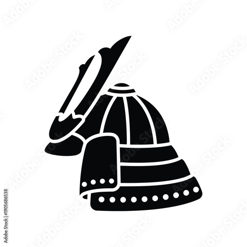 Traditional Japanese Samurai Kabuto Helmet Silhouette Icon Representing Bushido Warrior Culture and Feudal History in a Minimalist Black and White Vector Graphic Design for Martial Arts Branding.