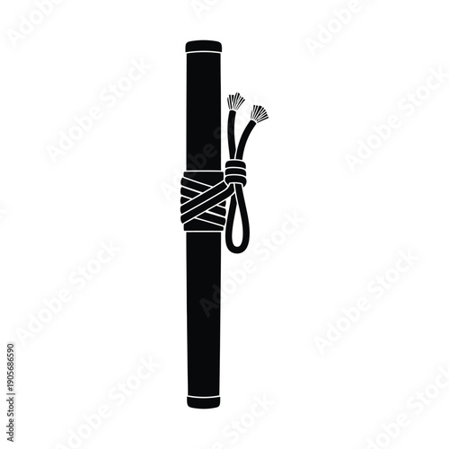 Minimalist Black Silhouette of a Japanese Katana Scabbard Saya with Sageo Cord Tied Around It, Traditional Samurai Sword Sheath Icon for Martial Arts Iaido and Kendo Training Gear.
