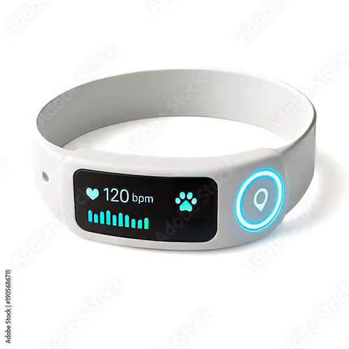 White smart collar for pets with digital health and location display on white background