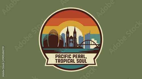 Pacific Pearl Tropical Soul Cityscape Retro Sunset Vintage Emblem Emblematic Illustration Featuring Architectural Skyline and Natural Elements with a Nostalgic Ambiance