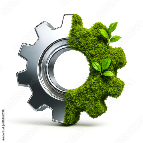 Half metallic and half mossy green gear showing industrial ecology on white background