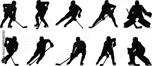 Set of ice hockey player and goalie silhouettes in dynamic skating poses isolated on white background for sports design and branding
