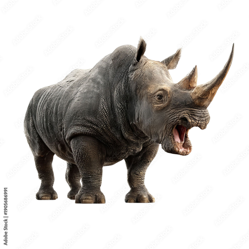 Fototapeta premium PNG of A powerful rhinoceros with an intense expression, showcasing its impressive horn.