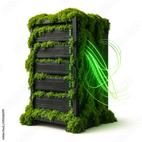 Green mossy eco server rack with glowing data flow energy on white background