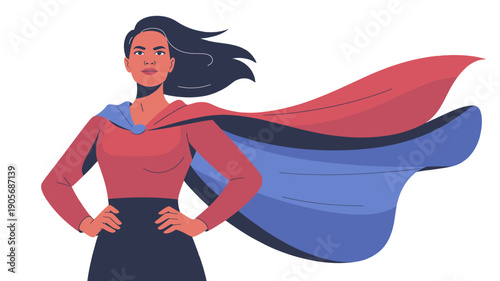 A woman with a superhero cape standing with confidence and determination.