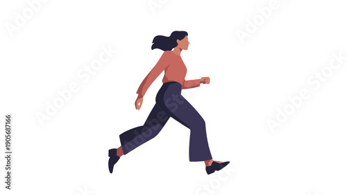 A woman in business attire actively running forward.