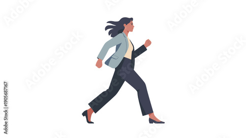 A business woman running forward with determination.