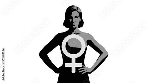 A woman with the female gender symbol on her chest, embodying strength and empowerment.
