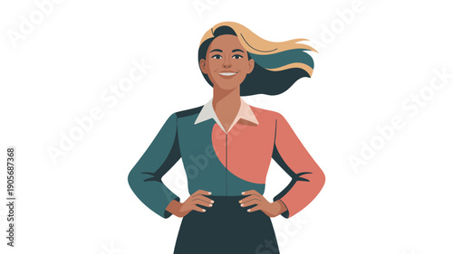 A confident woman with hands on hips and flowing hair.