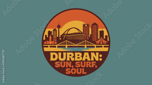 Iconic Durban skyline illustration featuring the Moses Mabhida Stadium, symbolizing the city's vibrant culture and coastal appeal