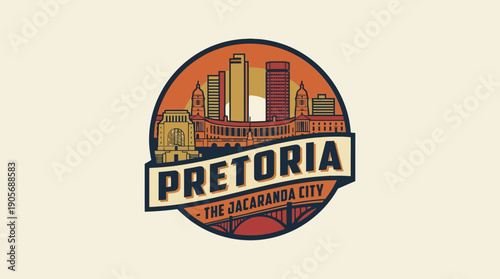 Pretoria the Jacaranda City logo in a circular emblem with a prominent skyline featuring modern buildings and an arch bridge, celebrating South African heritage