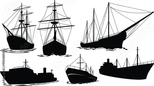 Vintage and modern ship silhouette collection with sailing vessels and cargo boats isolated on white background, maritime transport design set