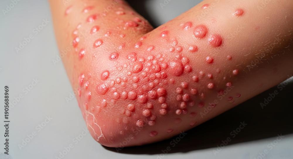 Fototapeta premium Close up of red raised bumps and blisters on elbow skin rash