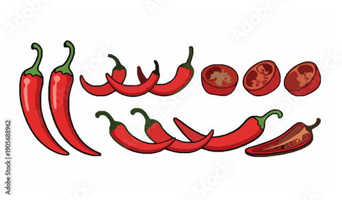Spicy chili pepper cartoon vector collection with red hot chilies and seeds isolated