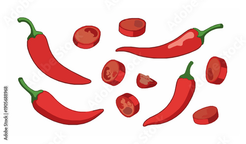 Hot red chili pepper cartoon vector set with sliced spicy paprika isolated on white