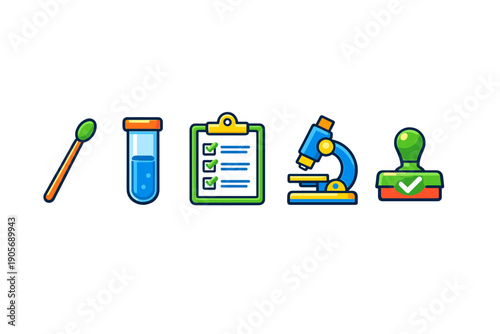 A set of five colorful laboratory and medical icons including a swab, test tube, checklist, microscope, and a stamp with a checkmark, all set against a solid black background.
