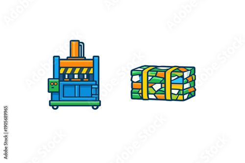 This illustration shows a blue industrial hydraulic press machine and a tied bale of colorful recycled waste materials, presented in a flat design style on a black backdrop.