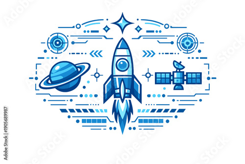 A blue monochromatic vector graphic featuring a central rocket ship, a ringed planet, and a satellite amidst intricate technical lines and stars on a dark background.