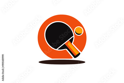 A minimalist graphic illustration featuring a black table tennis paddle and a small yellow ball set against a large orange circular background on a dark textured surface.