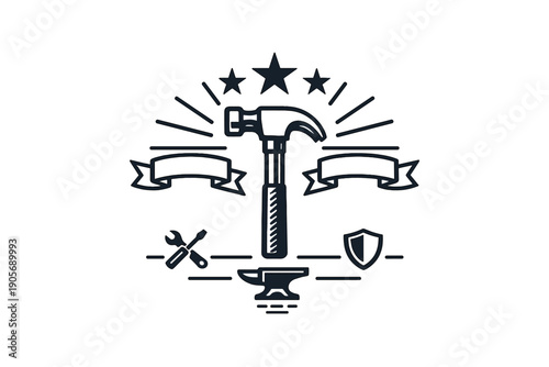 This minimalist line art illustration depicts a central hammer with stars, blank banners, a wrench, a screwdriver, a shield, and an anvil, all set against a solid black background.