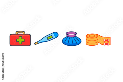 A collection of four medical icons including a red first aid kit, a digital thermometer, a blue ice pack, and an orange elastic bandage roll, all set against a solid black background.