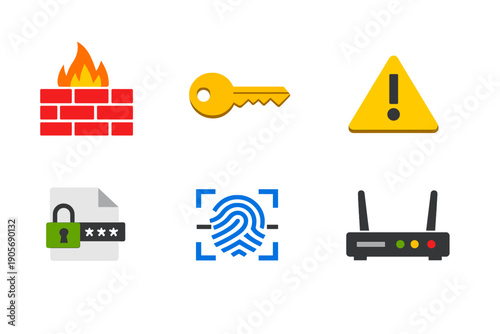 A set of six colorful icons featuring digital security elements like a firewall, a key, an alert symbol, a password protected file, a biometric fingerprint, and a wireless router.
