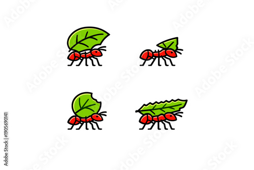 Four cartoon red ants are depicted carrying different types of green leaves. This vector illustration set shows the insects in profile against a plain black background.