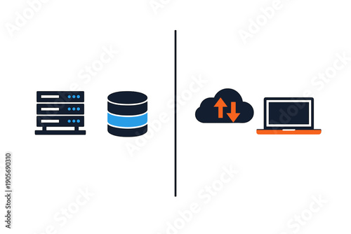 A conceptual illustration showing a server rack and database connected to a cloud icon with arrows and a laptop, representing data storage and cloud computing on a dark background.