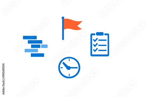 A collection of project management icons including a Gantt chart, an orange flag, a checklist on a clipboard, and a clock, all presented in a flat vector style on a black background.