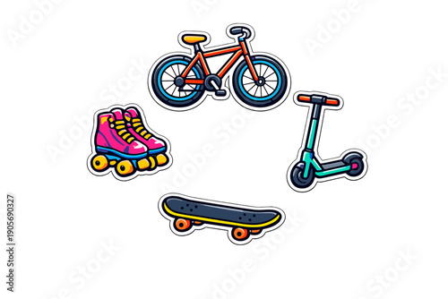 A collection of colorful cartoon stickers featuring a red bicycle, pink roller skates, a teal kick scooter, and a black skateboard arranged on a dark background.
