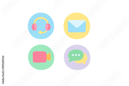 Four minimalist communication icons featuring a headset, email envelope, video camera, and chat bubbles, each set within a pastel-colored circle on a black background.