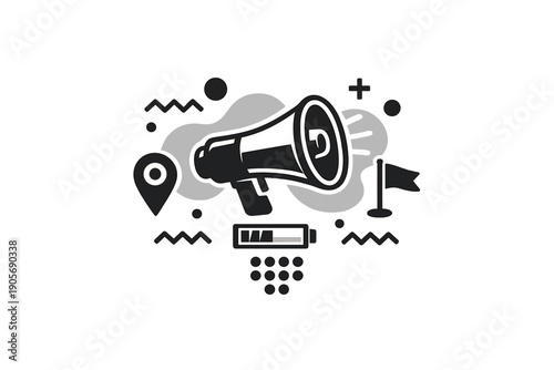 This minimalist vector illustration displays a megaphone as the central element, accompanied by a location pin, a flag, and a battery icon against a black backdrop.