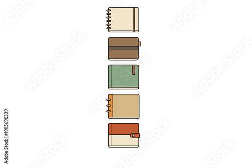 A vertical row of five stylized notebook icons in various earthy tones like cream, brown, green, and orange, featuring different binding and closure styles on a black background.