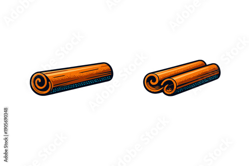 A vibrant illustration of two cinnamon sticks featuring bold outlines and halftone dot shading. The artwork is presented in a comic book style on a dark black background.