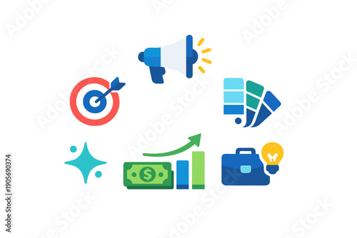 A collection of colorful business and marketing icons including a megaphone, target, color palette, briefcase with lightbulb, and financial growth chart on a black background.