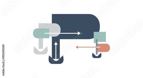 Vector illustration of disassembled navy blue mailbox with arrows and parts, isolated on transparent background, png
