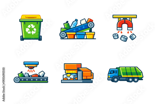 A set of six flat icons illustrating the waste management and recycling process, including a recycling bin, conveyor belt sorting, magnetic separator, sensor, compactor, and garbage truck.