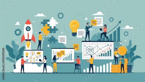 Business team collaborating on startup project development and data analysis.