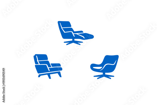 Three blue icons representing different styles of modern lounge chairs and armchairs are arranged in a triangular layout against a solid black background.