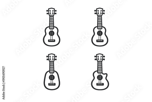 A set of four minimalist ukulele line art icons displayed on a solid black background. The collection features different body shapes including standard, pineapple, and cutaway designs.