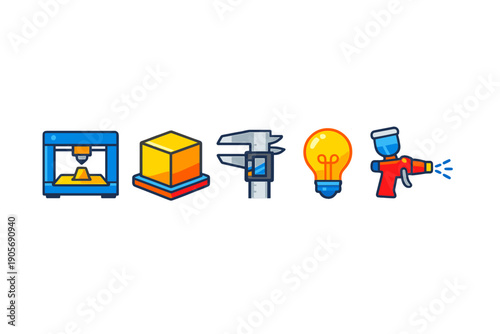 A set of five colorful icons representing the stages of product development, including 3D printing, modeling, measurement, ideation, and finishing, displayed on a black background.