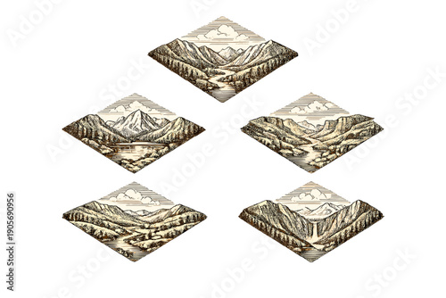 A collection of five diamond-shaped vintage illustrations featuring mountain landscapes with rivers, lakes, and waterfalls in a hand-drawn engraving style on a black background.