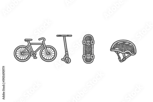 A collection of minimalist line art icons featuring a bicycle, a kick scooter, a skateboard, and a protective helmet, representing various modes of urban transportation and safety.