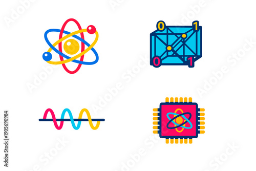 A set of four colorful icons representing quantum computing concepts, including an atom model, a binary cube structure, a wave frequency line, and a quantum processor microchip.