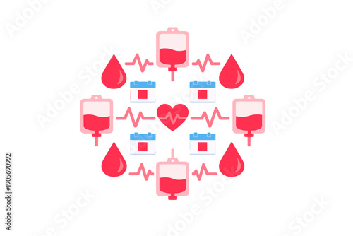 A symmetrical illustration featuring medical icons such as blood bags, drops, calendars, and a heart with pulse lines, all arranged in a circular pattern on a black background.