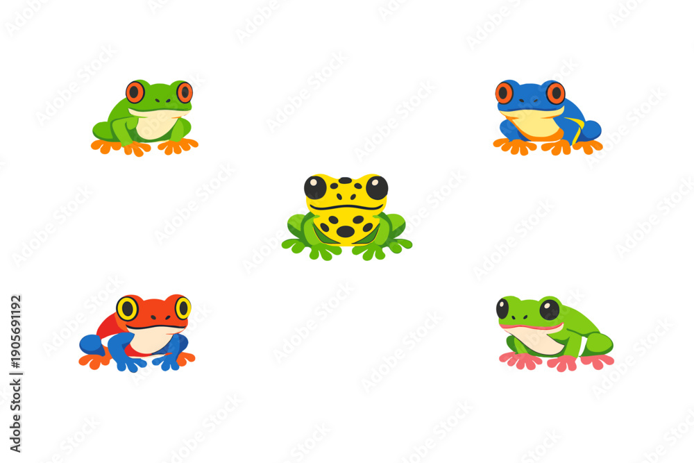 Obraz premium A collection of five colorful cartoon frogs in various vibrant shades including green, blue, red, and yellow, arranged on a solid black background in a playful vector illustration style.