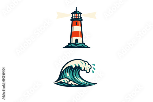 This graphic design showcases a red and white striped lighthouse emitting light beams above a large, curling ocean wave, all presented in a minimalist style on a black background.